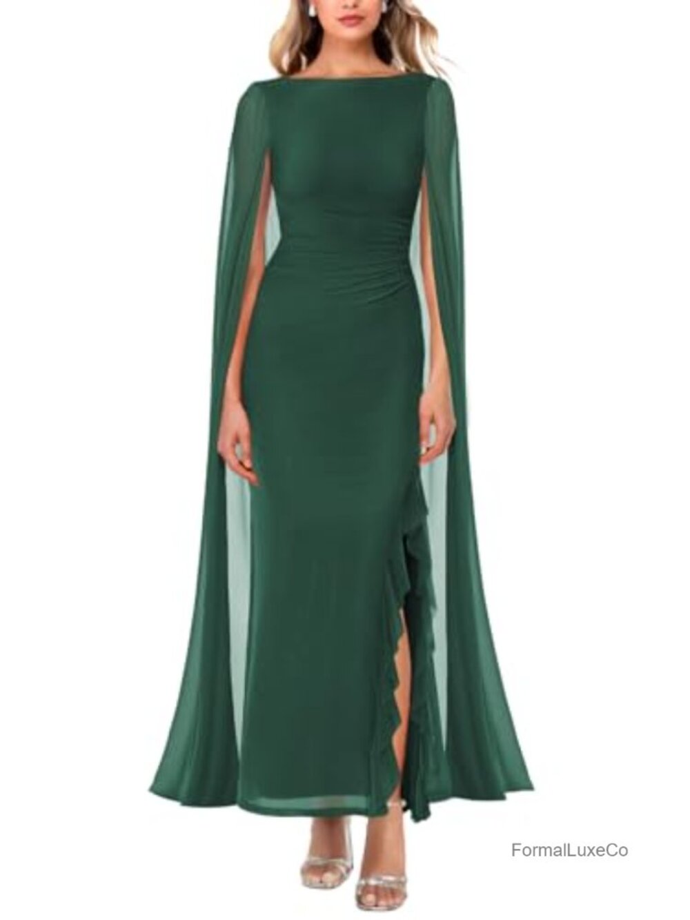 Women's Formal Maxi Dress High Slit Ruffle Cape Sleeve Long Evening Gown